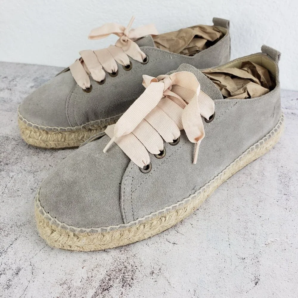 Manebi Hamptons Espadrille Sneaker Platform Jute Gray Suede Leather size 41